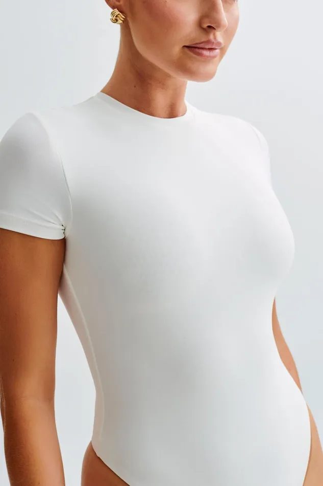 Tops Women Meshki Francesca Crew Neck Short Sleeve Bodysuit 8211 White