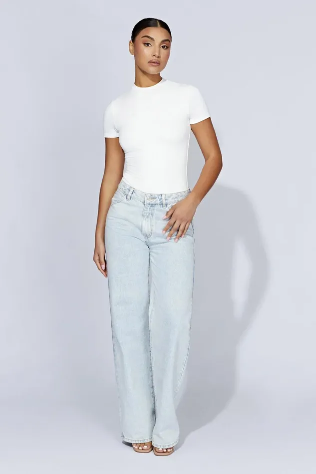 Tops Women Meshki Francesca Crew Neck Short Sleeve Bodysuit 8211 White