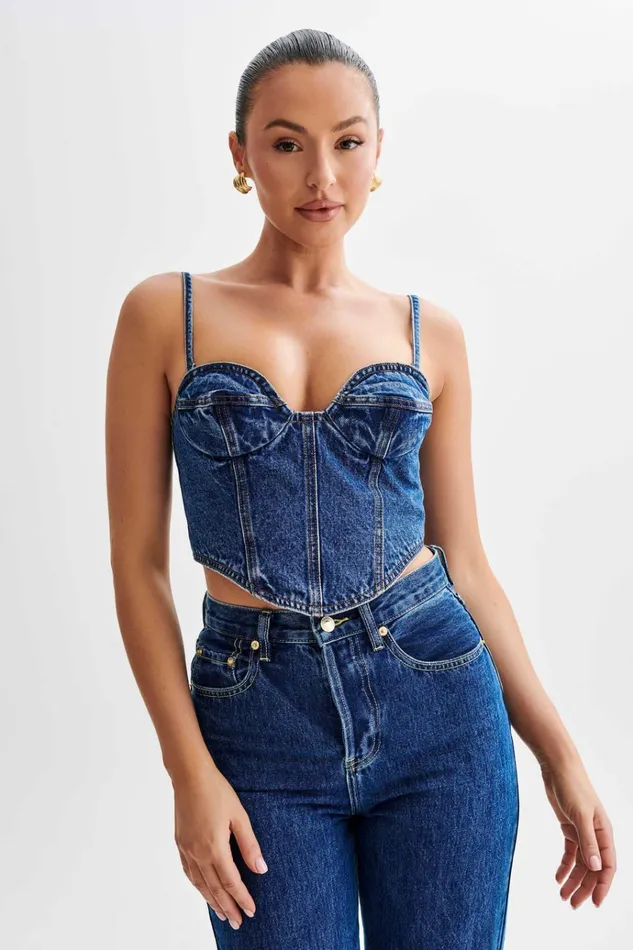 Tops Women Meshki Lana Denim Cupped Corset Top 8211 Dark Blue