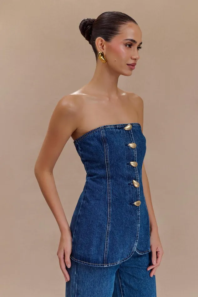 Tops Women Meshki Lennox Strapless Long Line Button Top 8211 Dark Blue