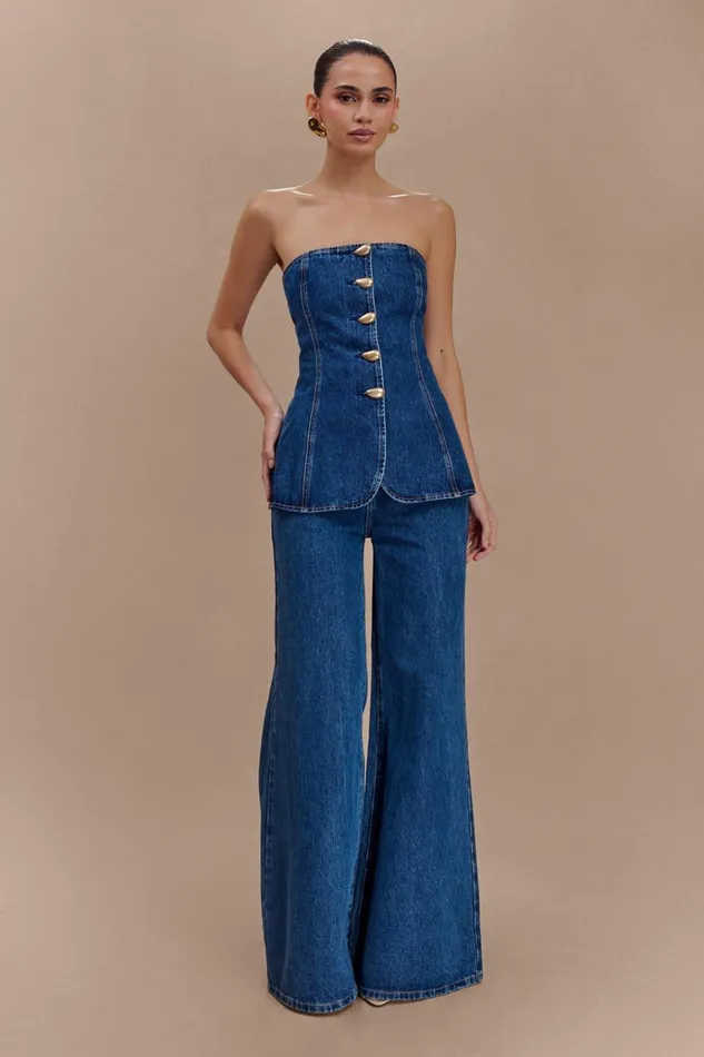 Tops Women Meshki Lennox Strapless Long Line Button Top 8211 Dark Blue