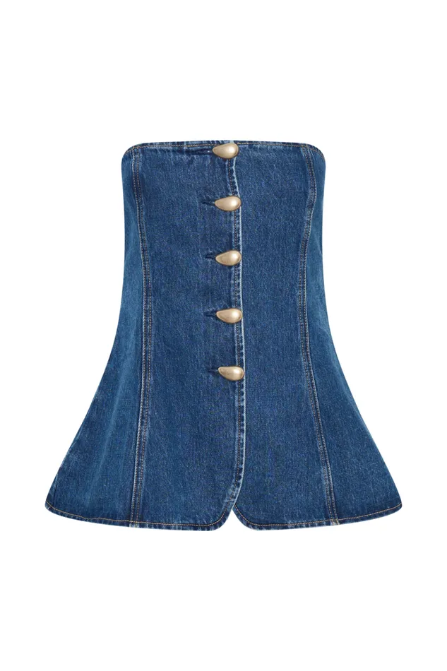 Tops Women Meshki Lennox Strapless Long Line Button Top 8211 Dark Blue