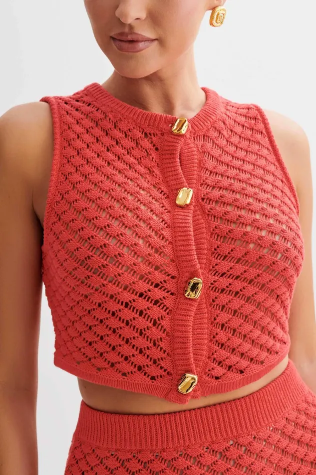 Tops Women Meshki Lorenza Crochet Button Down Crop Top 8211 Pomegranate