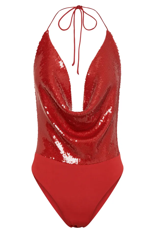 Tops Women Meshki Nathalie Sequin Cowl Bodysuit 8211 Red