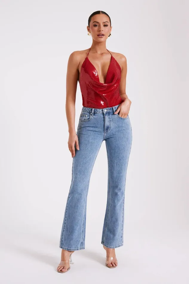 Tops Women Meshki Nathalie Sequin Cowl Bodysuit 8211 Red