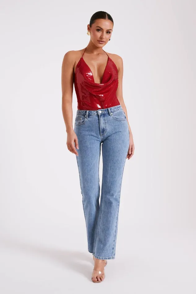 Tops Women Meshki Nathalie Sequin Cowl Bodysuit 8211 Red
