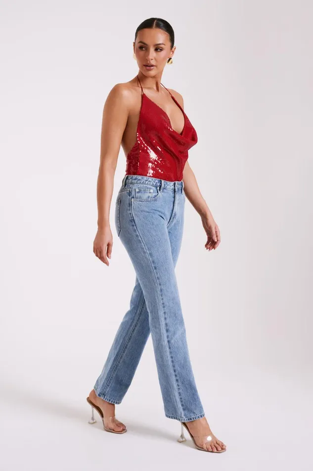 Tops Women Meshki Nathalie Sequin Cowl Bodysuit 8211 Red