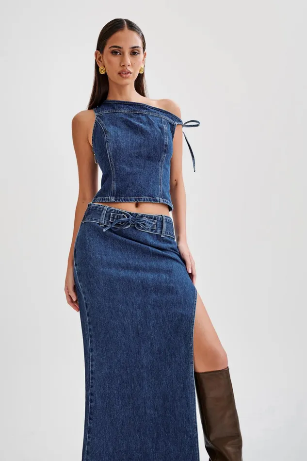 Tops Women Meshki Ramsey Denim Off Shoulder Top 8211 Dark Blue