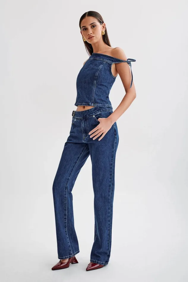 Tops Women Meshki Ramsey Denim Off Shoulder Top 8211 Dark Blue