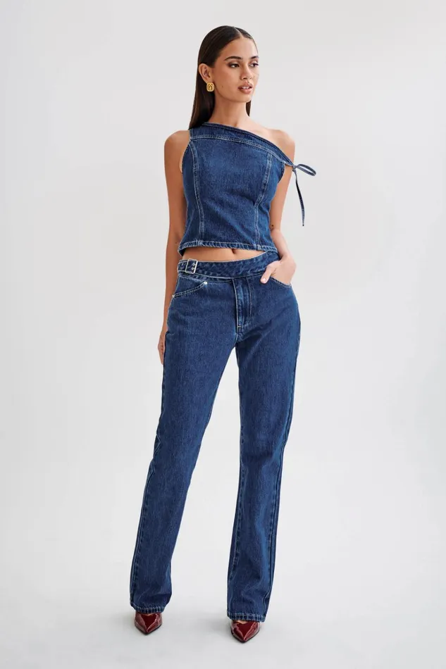 Tops Women Meshki Ramsey Denim Off Shoulder Top 8211 Dark Blue