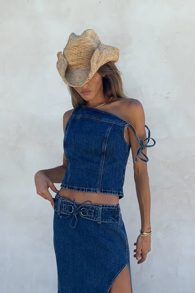Tops Women Meshki Ramsey Denim Off Shoulder Top 8211 Dark Blue