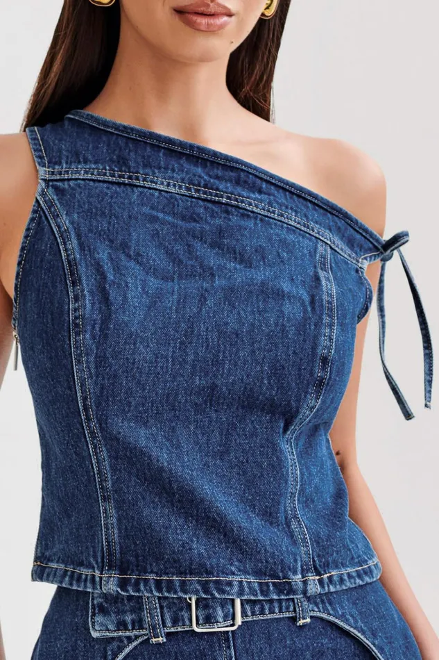 Tops Women Meshki Ramsey Denim Off Shoulder Top 8211 Dark Blue