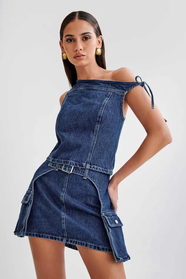 Tops Women Meshki Ramsey Denim Off Shoulder Top 8211 Dark Blue