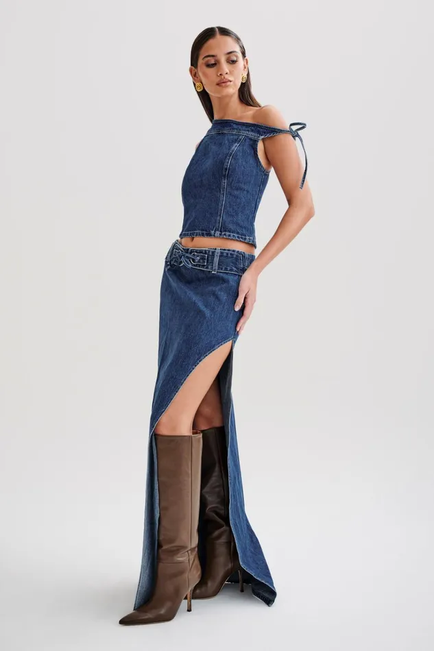 Tops Women Meshki Ramsey Denim Off Shoulder Top 8211 Dark Blue
