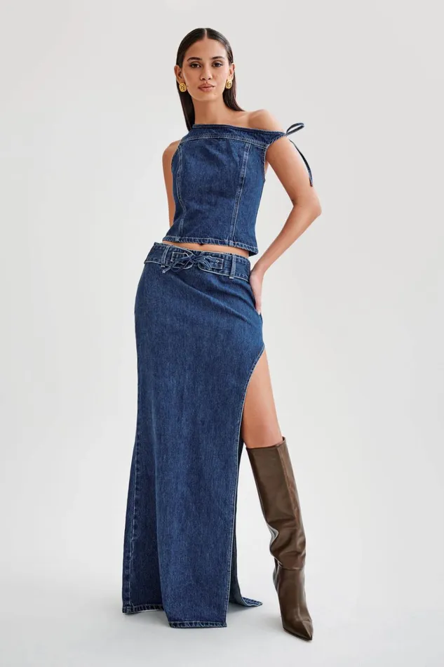 Tops Women Meshki Ramsey Denim Off Shoulder Top 8211 Dark Blue
