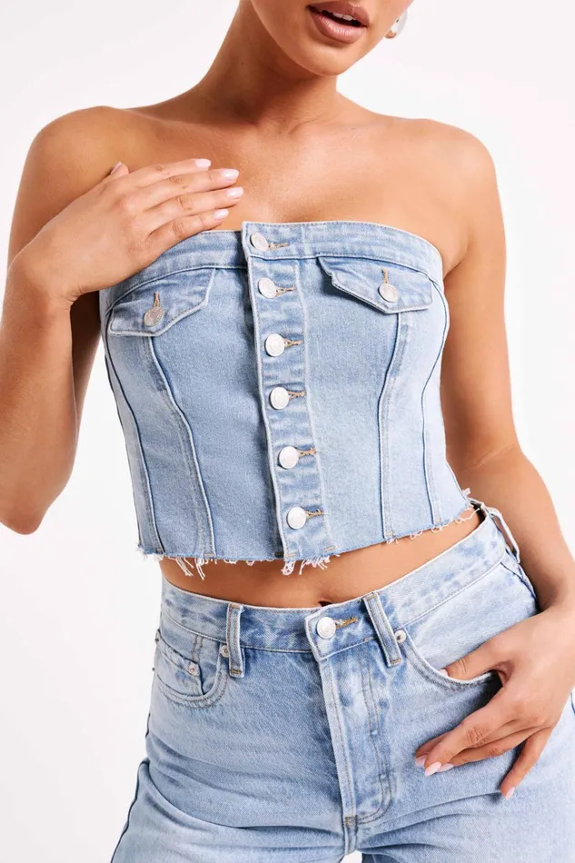 Tops Women Meshki Sandy Buttoned Denim Tube Top 8211 Mid Blue