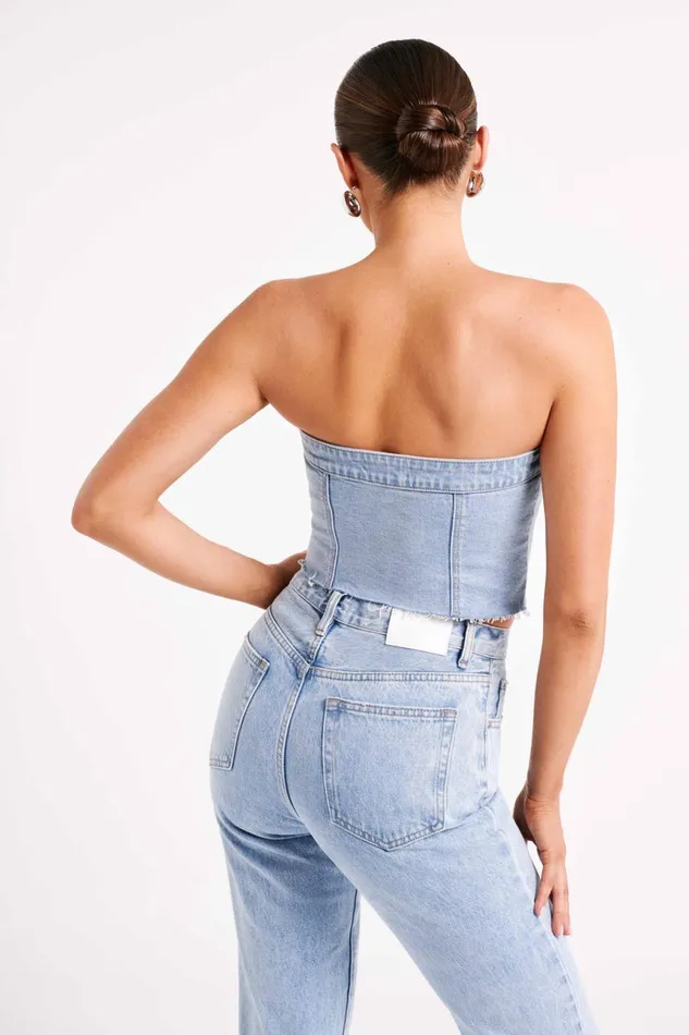 Tops Women Meshki Sandy Buttoned Denim Tube Top 8211 Mid Blue