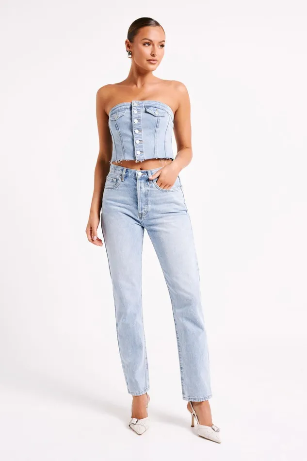 Tops Women Meshki Sandy Buttoned Denim Tube Top 8211 Mid Blue