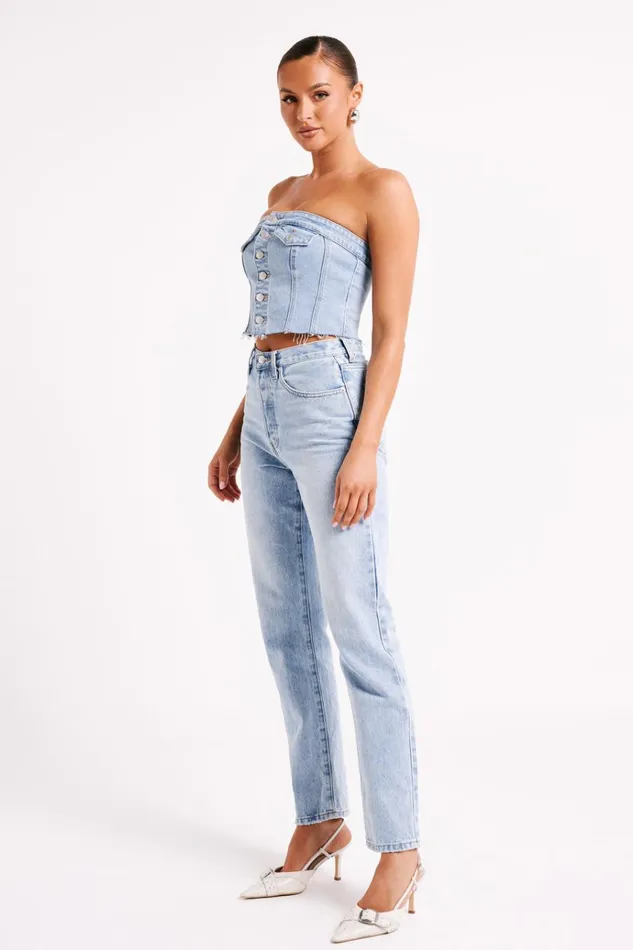 Tops Women Meshki Sandy Buttoned Denim Tube Top 8211 Mid Blue