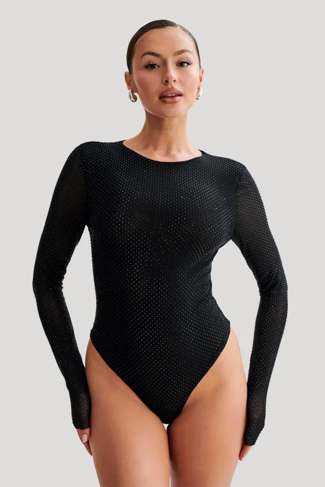 Tops Women Meshki Selma Long Sleeve Diamante Bodysuit 8211 BlackBlack