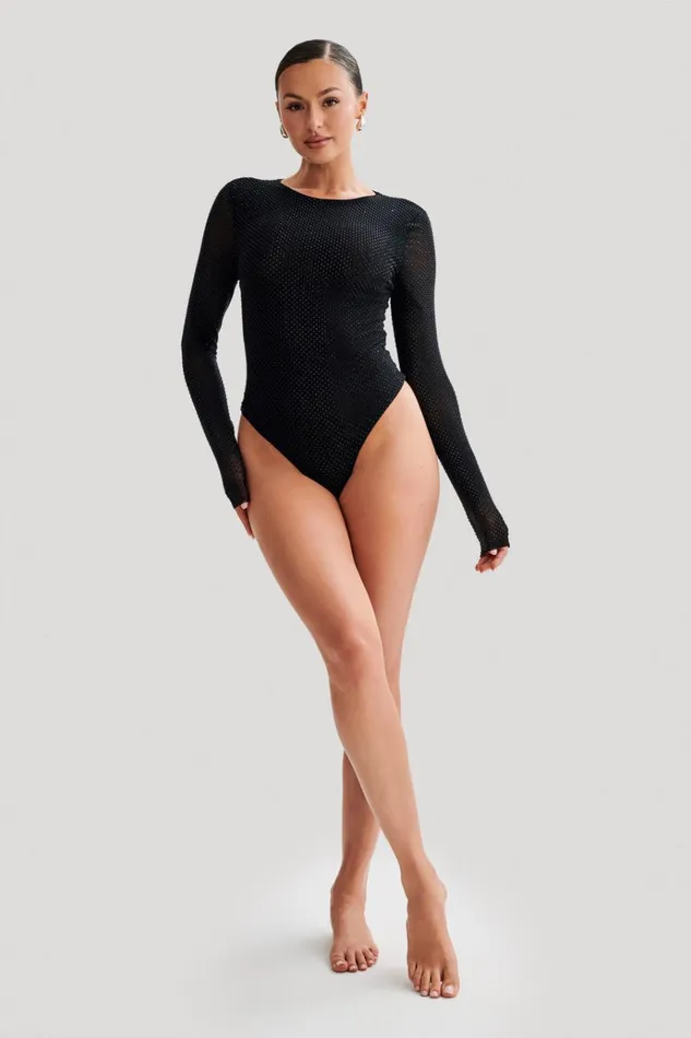 Tops Women Meshki Selma Long Sleeve Diamante Bodysuit 8211 BlackBlack