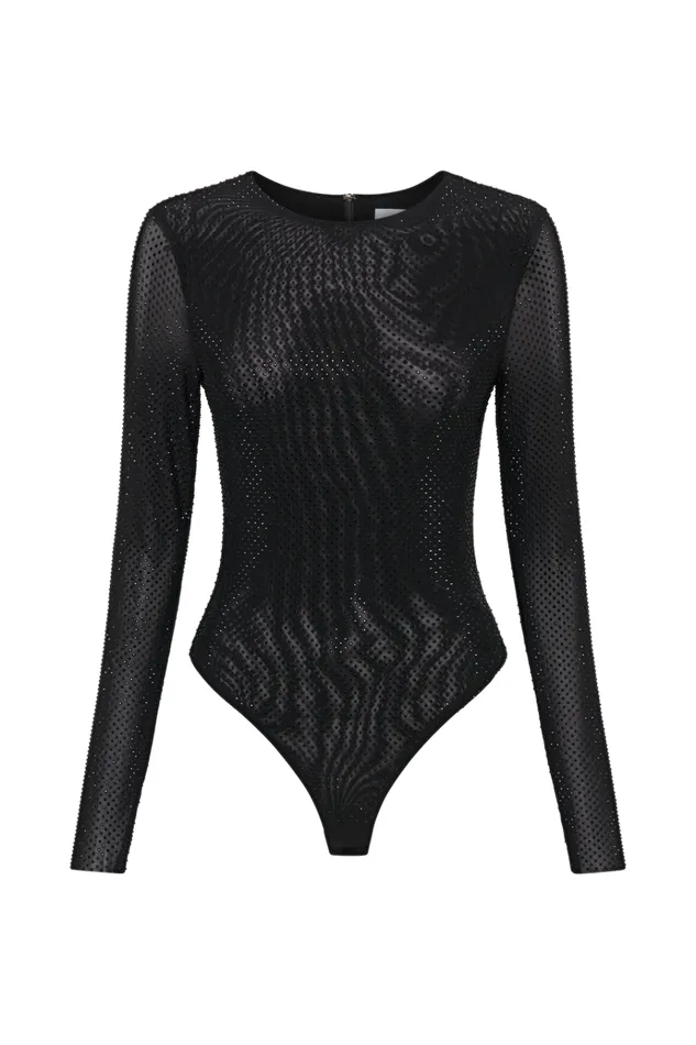 Tops Women Meshki Selma Long Sleeve Diamante Bodysuit 8211 BlackBlack