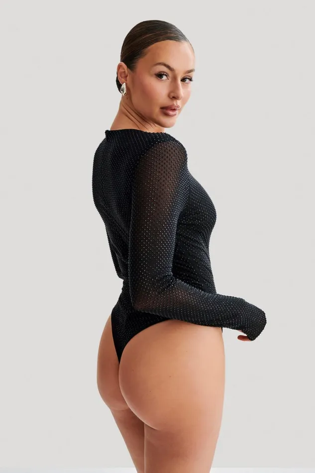 Tops Women Meshki Selma Long Sleeve Diamante Bodysuit 8211 BlackBlack