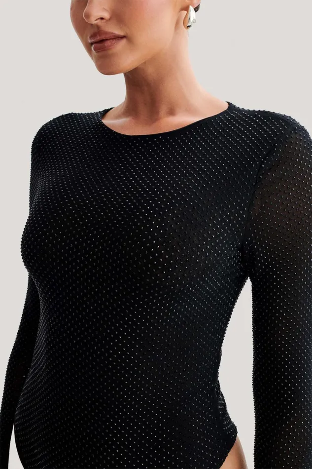 Tops Women Meshki Selma Long Sleeve Diamante Bodysuit 8211 BlackBlack