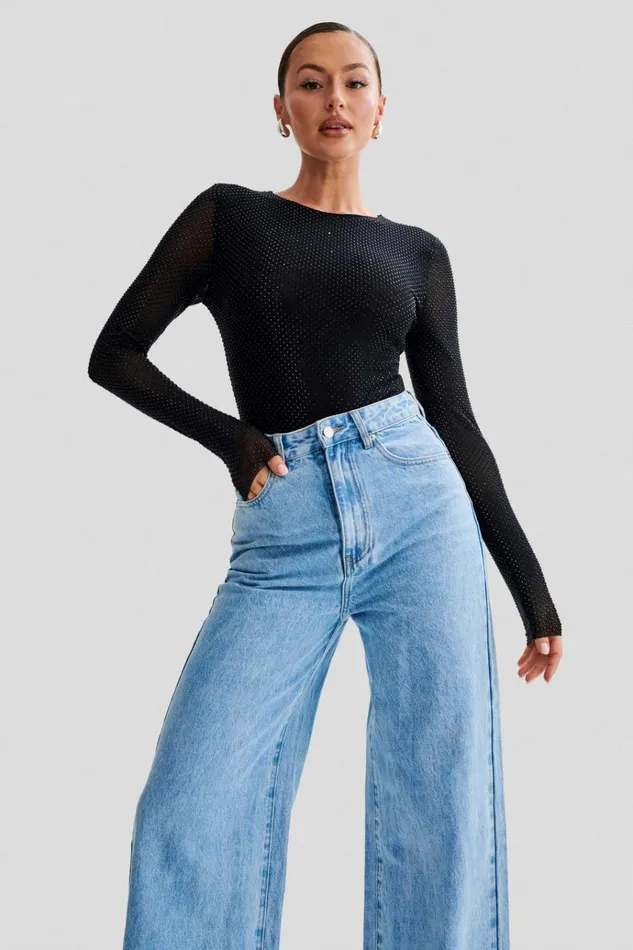 Tops Women Meshki Selma Long Sleeve Diamante Bodysuit 8211 BlackBlack