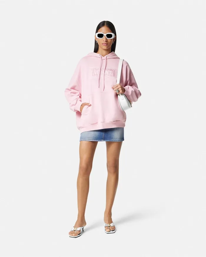 Versace 90s Vintage Logo Barocco Hoodie Light Pink Women TShirts and Sweatshirts