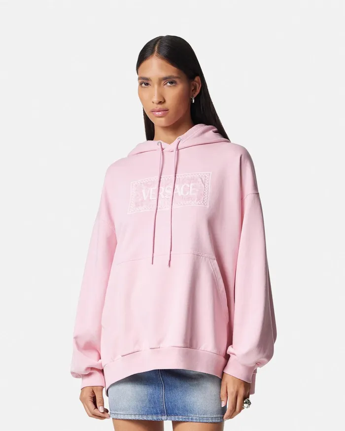 Versace 90s Vintage Logo Barocco Hoodie Light Pink Women TShirts and Sweatshirts