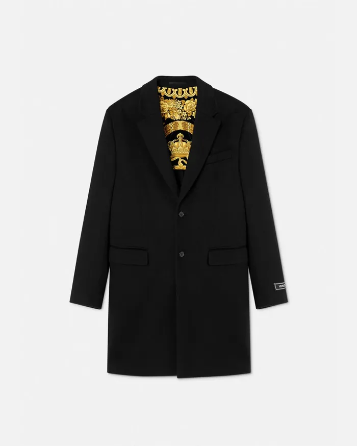 Versace Barocco SingleBreasted Long Coat Black Men Jackets and Coats