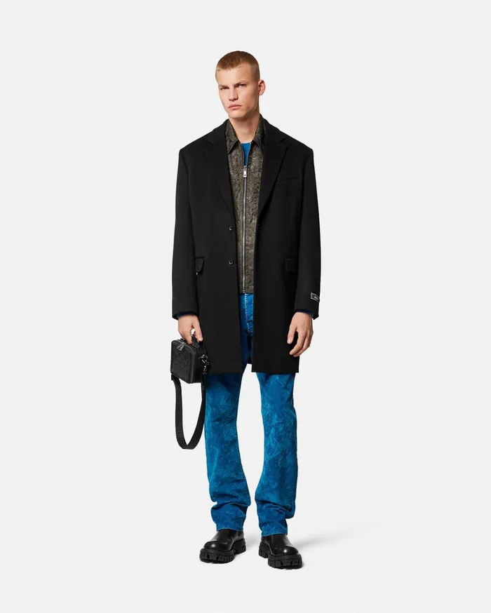 Versace Barocco SingleBreasted Long Coat Black Men Jackets and Coats