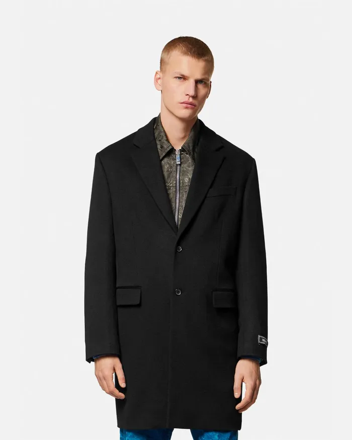 Versace Barocco SingleBreasted Long Coat Black Men Jackets and Coats