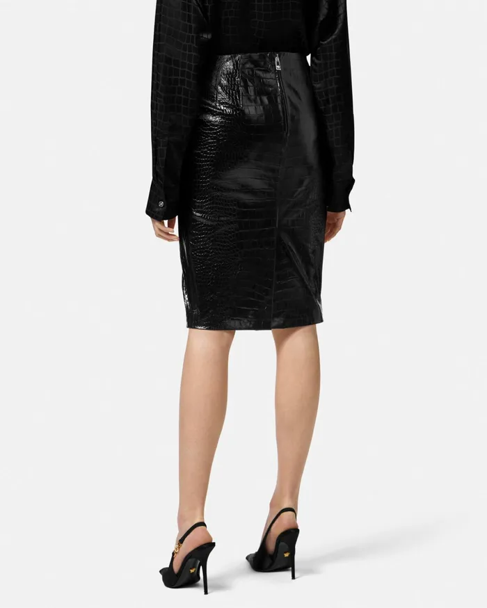 Versace CrocEffect Leather Mini Skirt Black Women Skirts