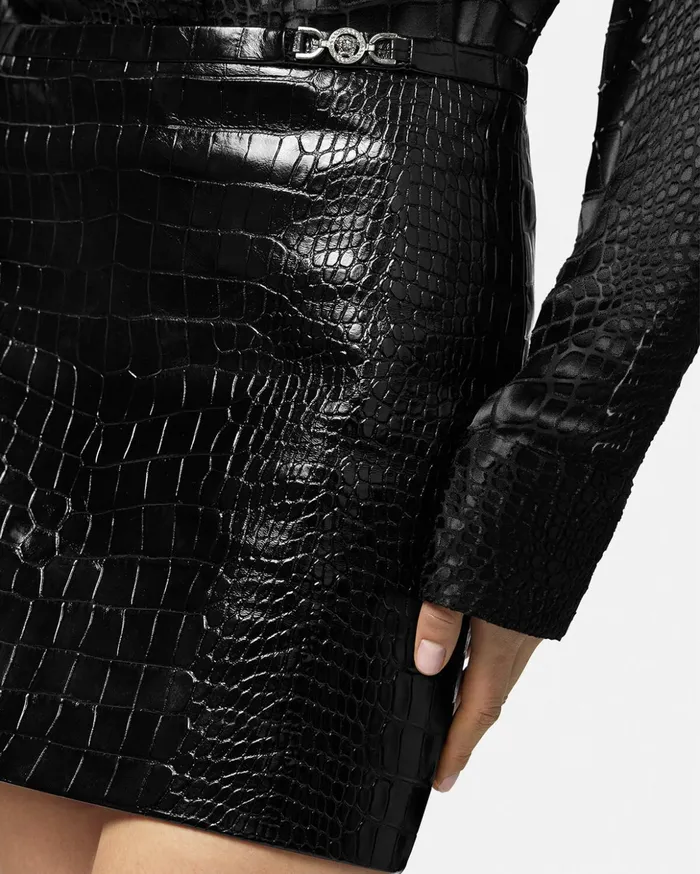 Versace CrocEffect Leather Mini Skirt Black Women Skirts