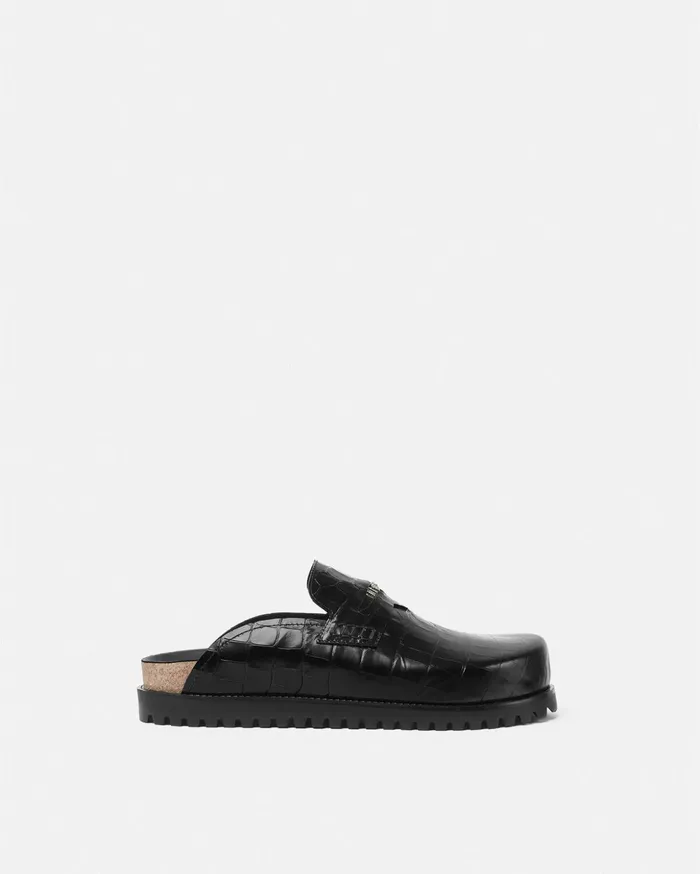 Versace CrocEffect Medusa Mules Blacksilver Men Loafers and Slippers