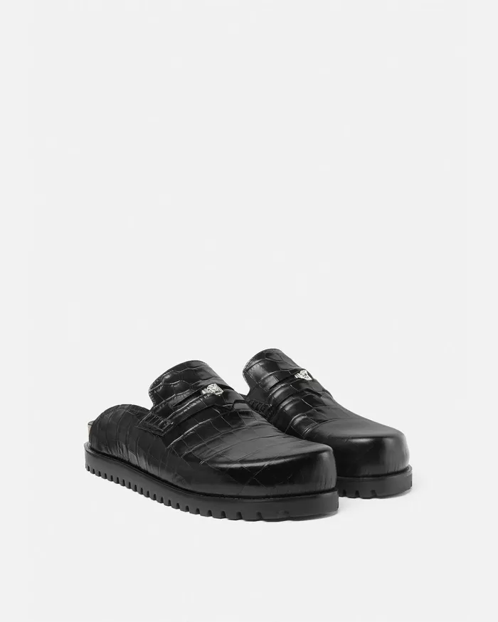 Versace CrocEffect Medusa Mules Blacksilver Men Loafers and Slippers