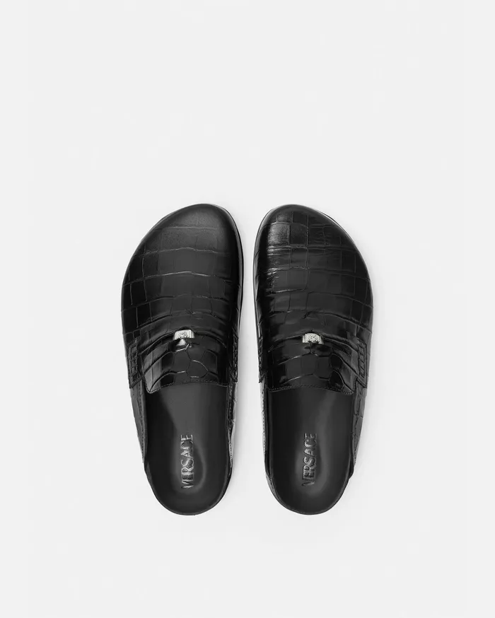 Versace CrocEffect Medusa Mules Blacksilver Men Loafers and Slippers