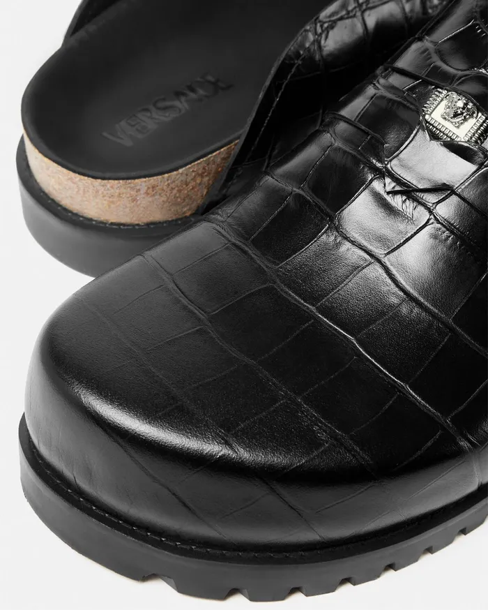 Versace CrocEffect Medusa Mules Blacksilver Men Loafers and Slippers