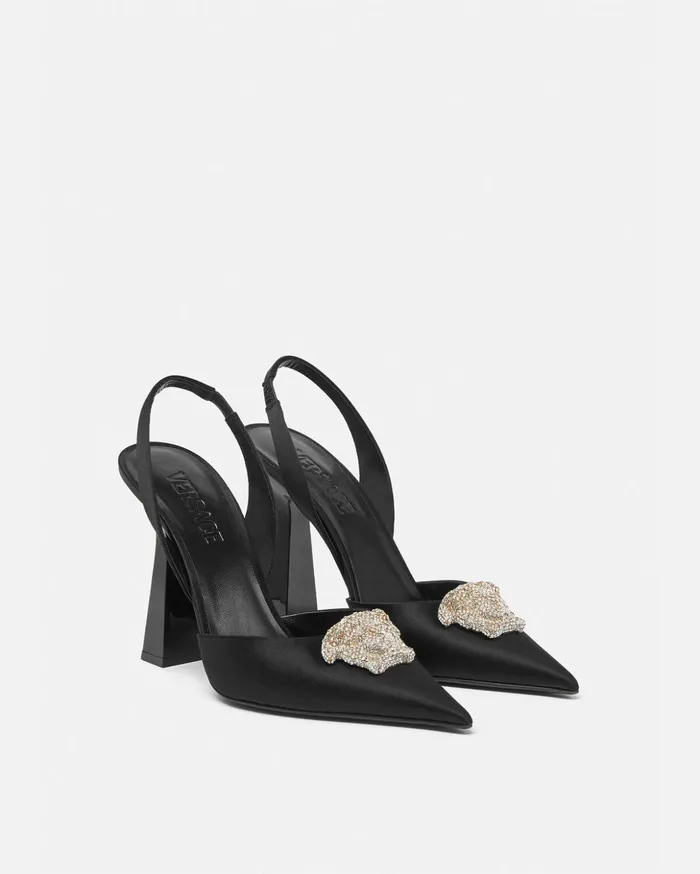 Versace Crystal La Medusa Satin Slingback Pumps Black Women Pumps