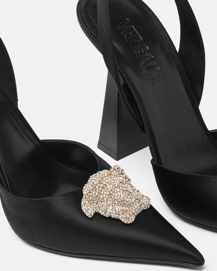 Versace Crystal La Medusa Satin Slingback Pumps Black Women Pumps