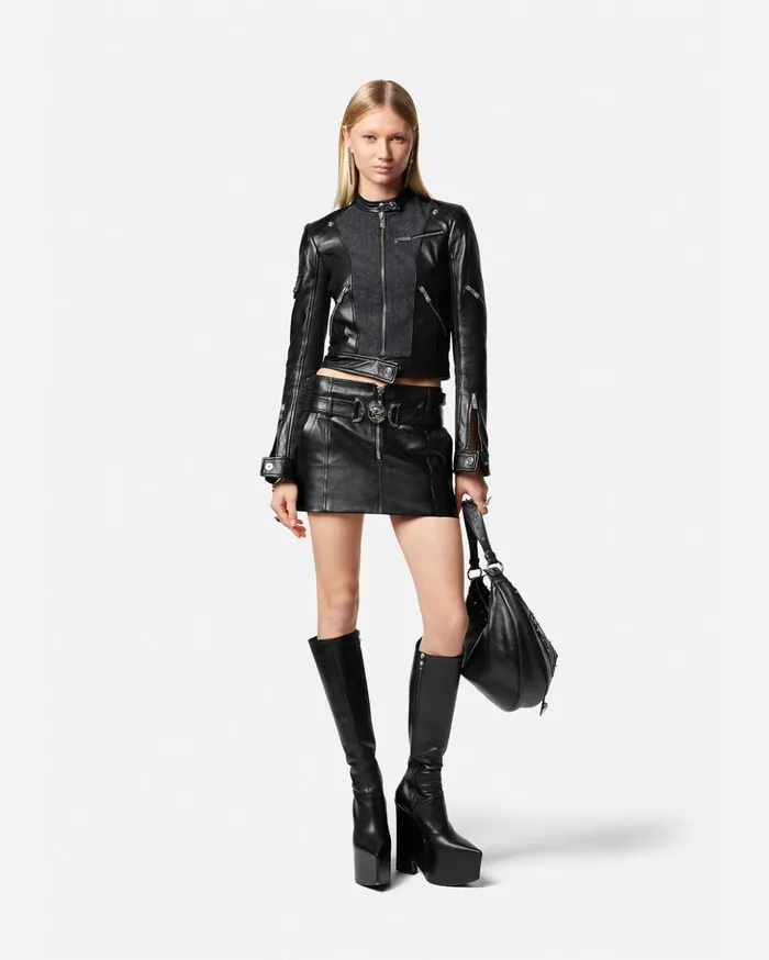 Versace Denim Leather Biker Jacket Black Women Jackets and Coats