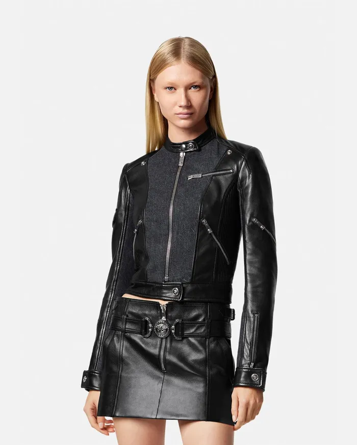 Versace Denim Leather Biker Jacket Black Women Jackets and Coats