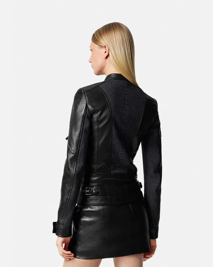 Versace Denim Leather Biker Jacket Black Women Jackets and Coats