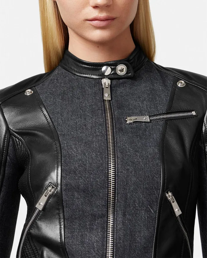 Versace Denim Leather Biker Jacket Black Women Jackets and Coats