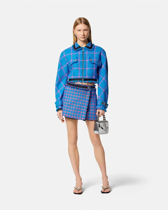 Versace Frayed Tweed Wrap Mini Skirt Blue Women Skirts
