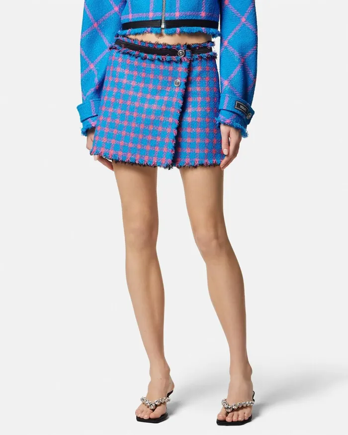 Versace Frayed Tweed Wrap Mini Skirt Blue Women Skirts