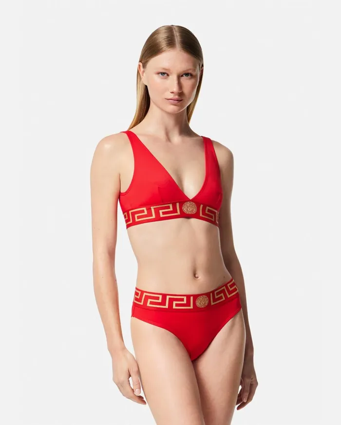 Versace Greca Border Bikini Bottoms Red Women Swimwear