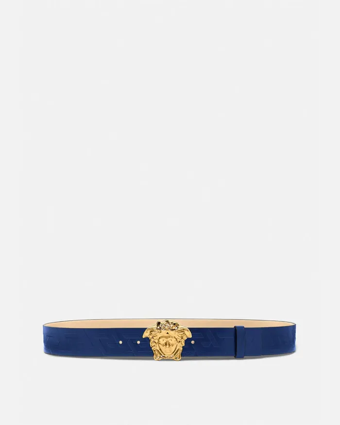 Versace La Medusa Greca Leather Belt Blue Men Belts